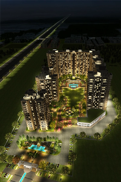 Night view of Exotica Fresco apartment towers, Sector 137, Noida, mobile banner